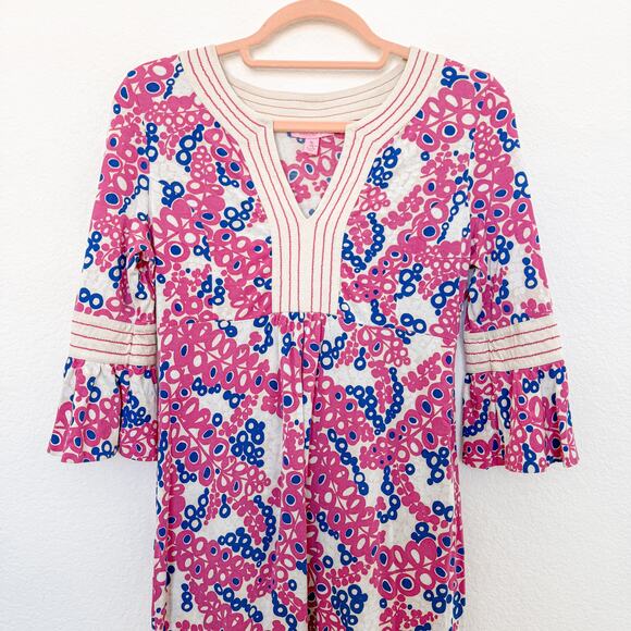 Lilly Pulitzer Twyla Bell Sleeve Knee Length Dress Pink Blue Womens Size XS - Picture 2 of 6